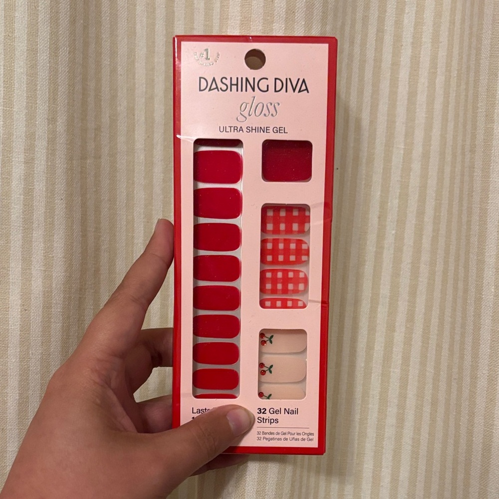 Dashing Diva Glossy Red, Gingham, & Rhinestone Cherry Gel Nail Strips